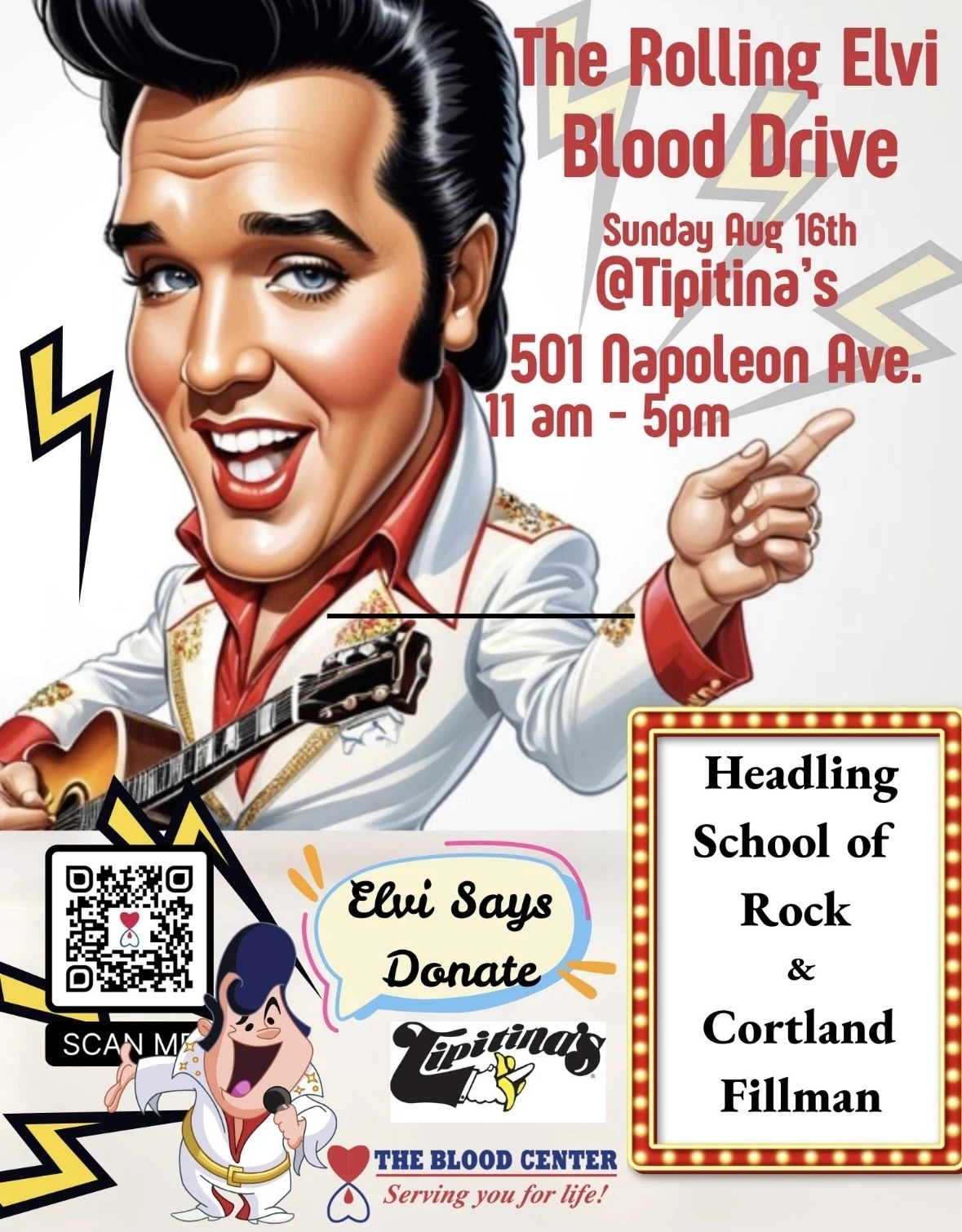 Graphic promoting the Rolling Elvi Blood Drive on Sunday, August 16 at Tipitina’s from 11AM–5PM, featuring live performances by School of Rock students and Cortland Fillman.