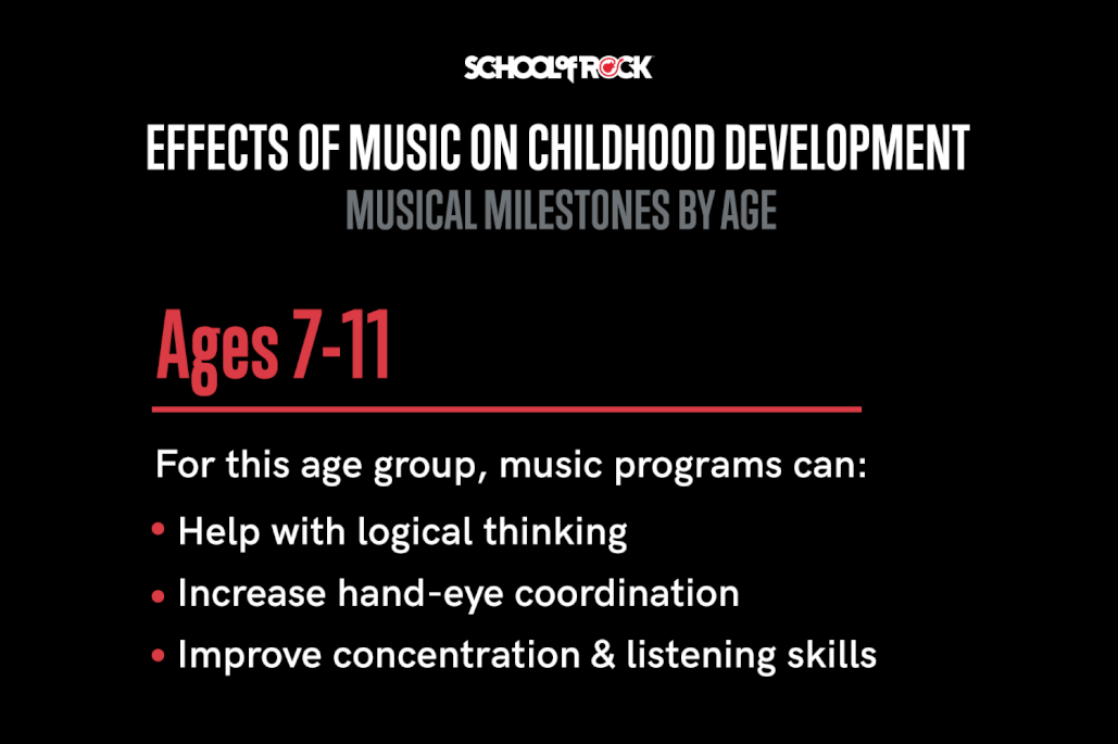 For ages 7 to 11, music programs can: help with logic, improve hand-eye coordination, and improve focus and listening skills.