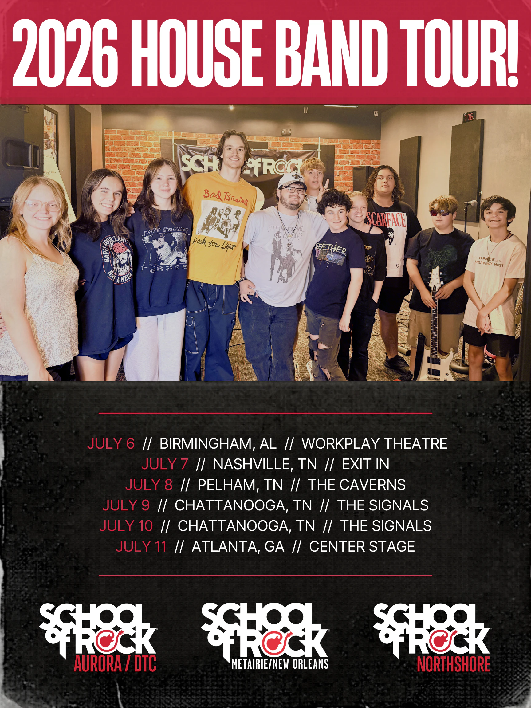 School of Rock 2026 House Band Tour poster featuring students and tour stops in Birmingham, Nashville, Pelham, Chattanooga, and Atlanta