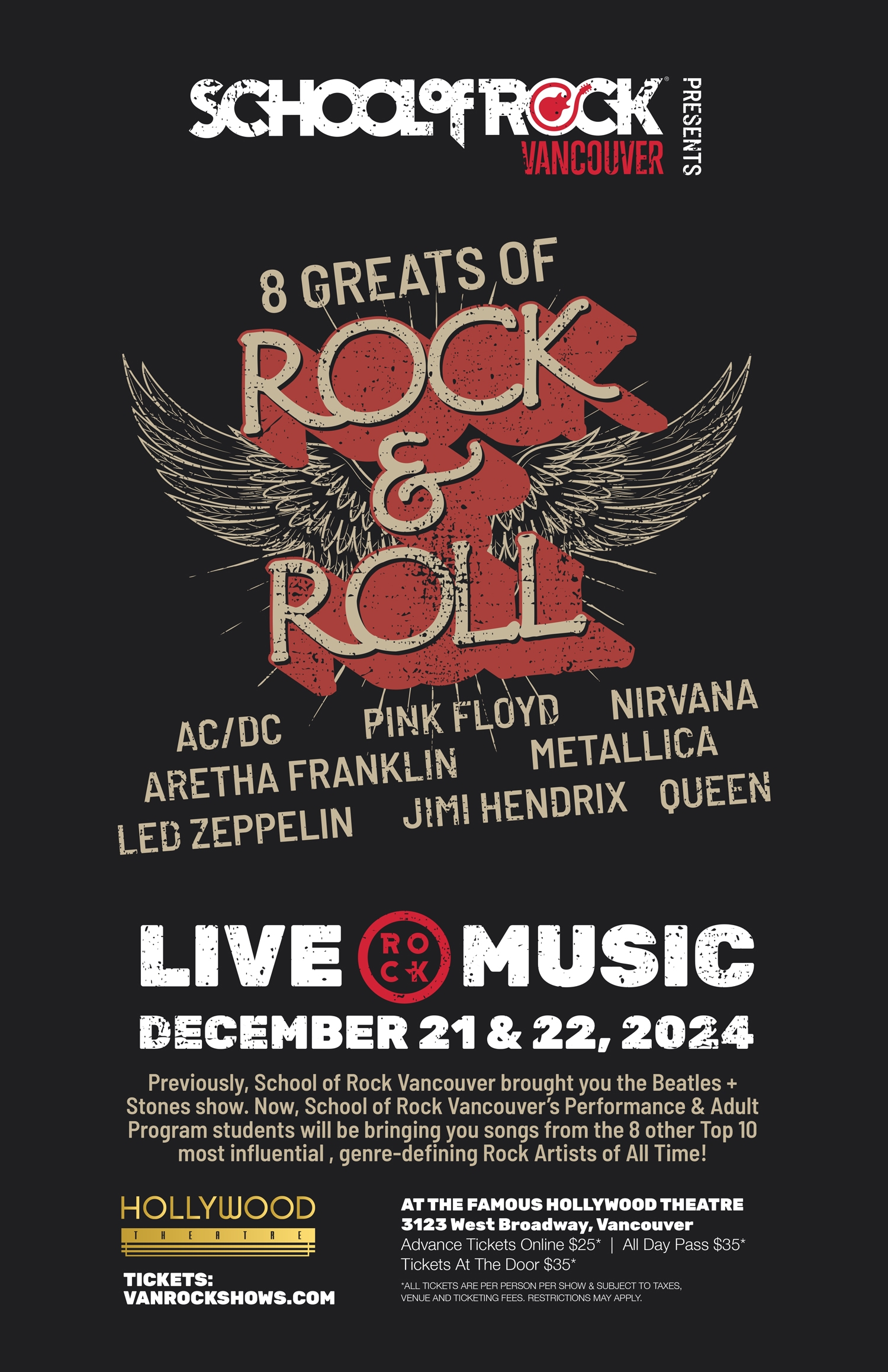 8 Greats of Rock N Roll School of Rock Vancouver Show Poster December 21 & 22, 2024