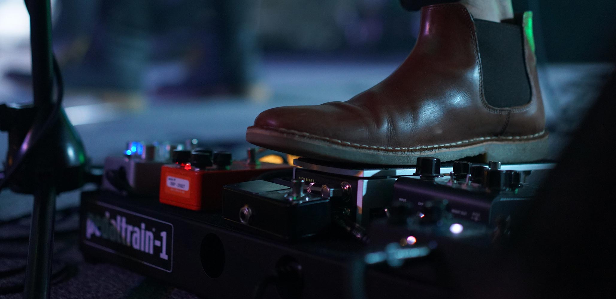 Close up of a pedal board