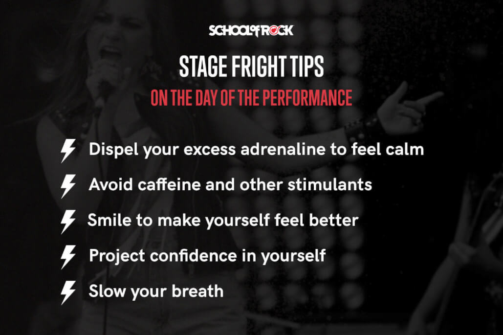 Stage fright tips include: dispel adrenaline, avoid caffeine, smile to feel better, project confidence, and slow your breath.
