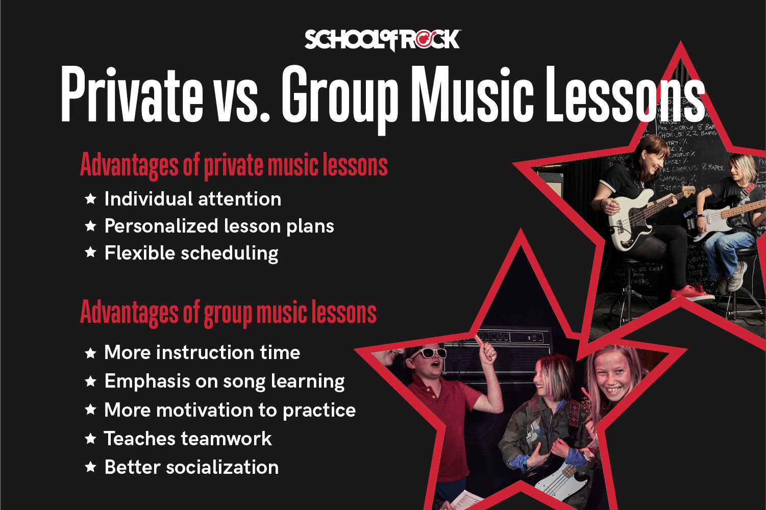 The advantages and disadvantages of private versus group music lessons.