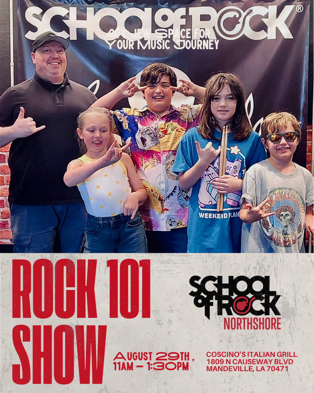 Group of Rock 101 students posing in front of a School of Rock banner, promoting their August 29 live show at Coscino’s Italian Grill.