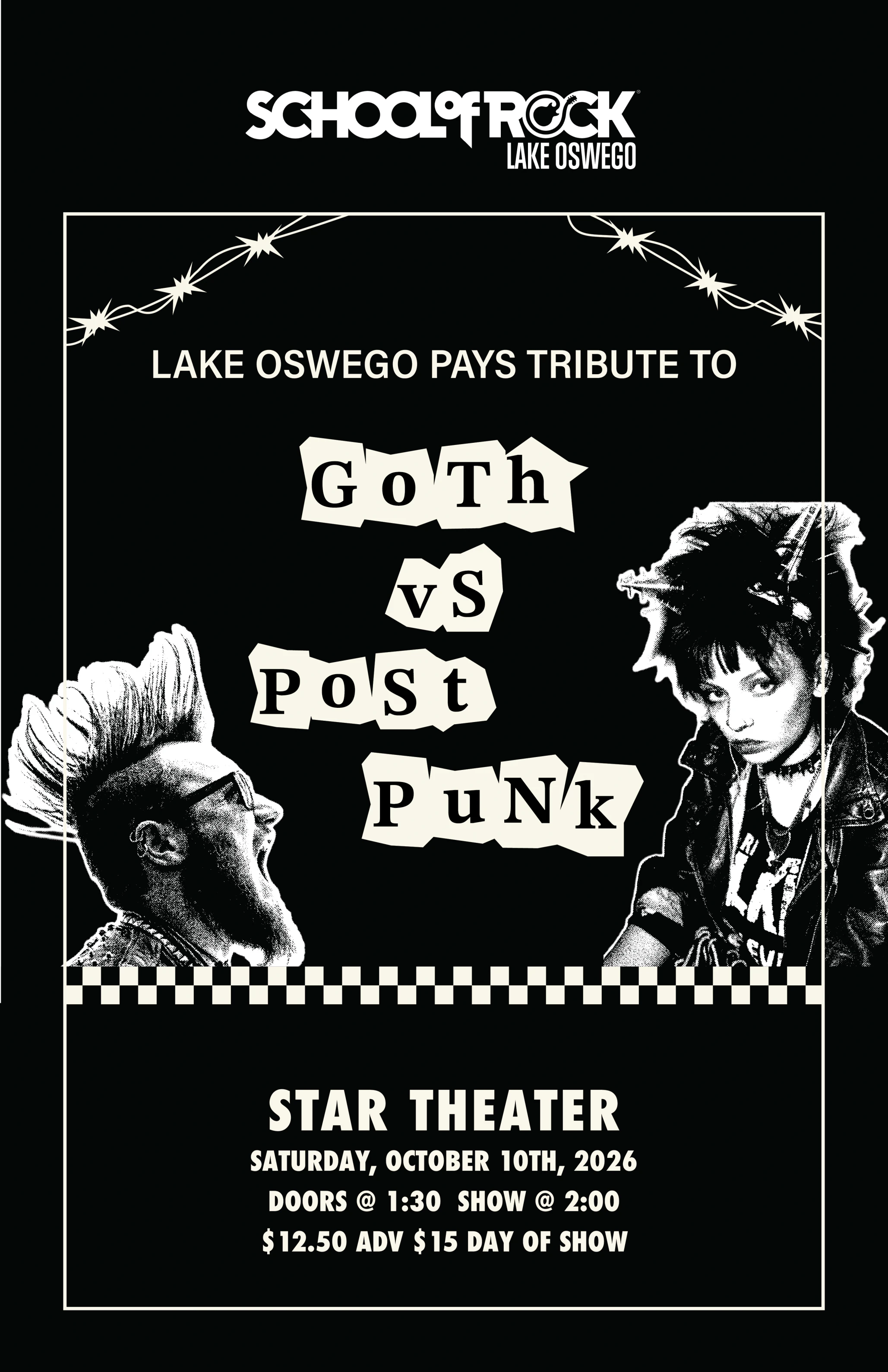 School of Rock Lake Oswego presents Goth vs Post Punk! October 10. Doors: 1:30 pm, Show: 2:00 pm. Tickets $12.50 advance, $15 cash at the door