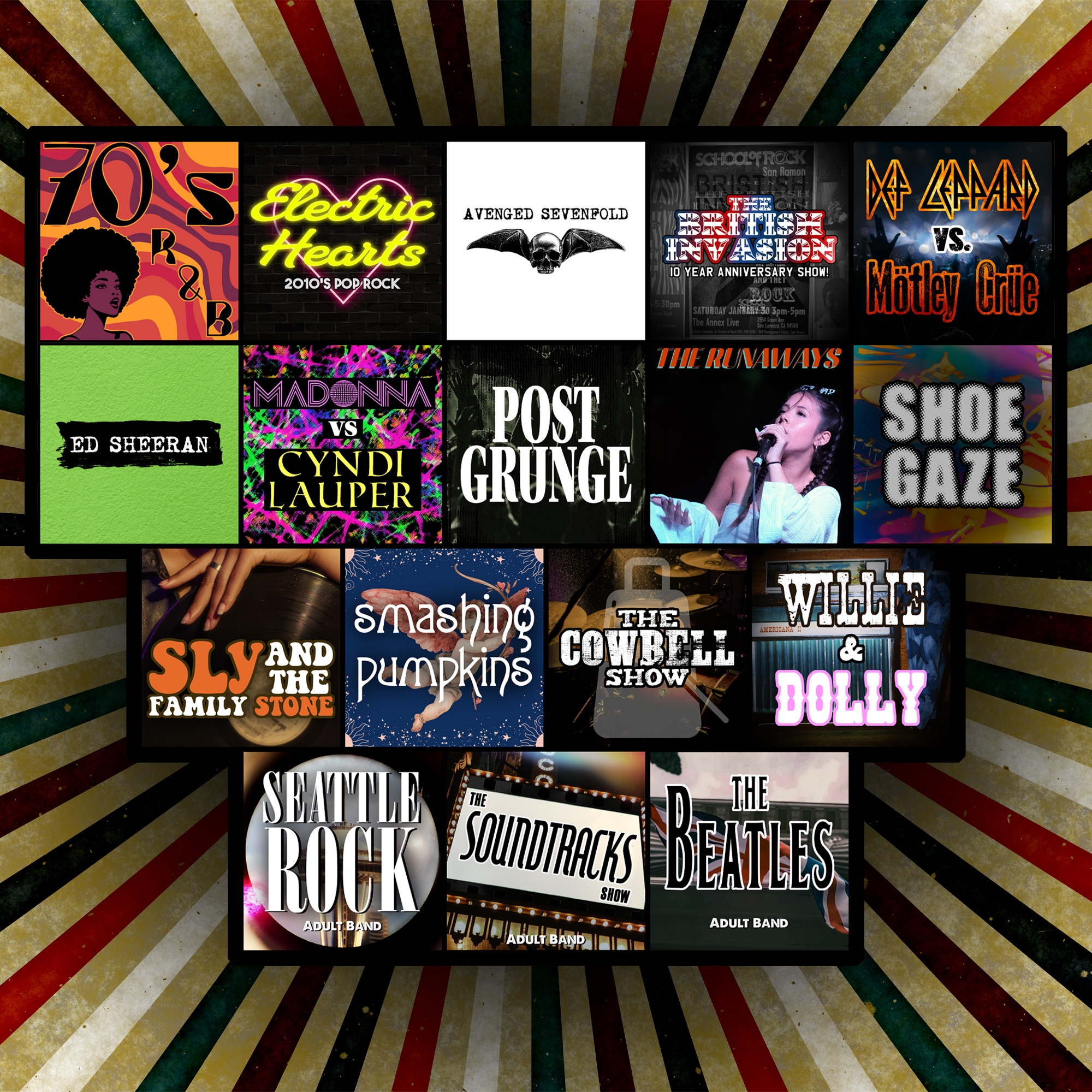 Image of the Fall 2025 Performance Program Show Themes at School of Rock San Ramon: 10’s Pop Rock, 70’s R&B, Avenged Sevenfold, British Invasion (10-Year Anniversary Show!), The Cowbell Show, Def Leppard vs. Motley Crue, Ed Sheeran, Madonna vs. Cyndi Laup