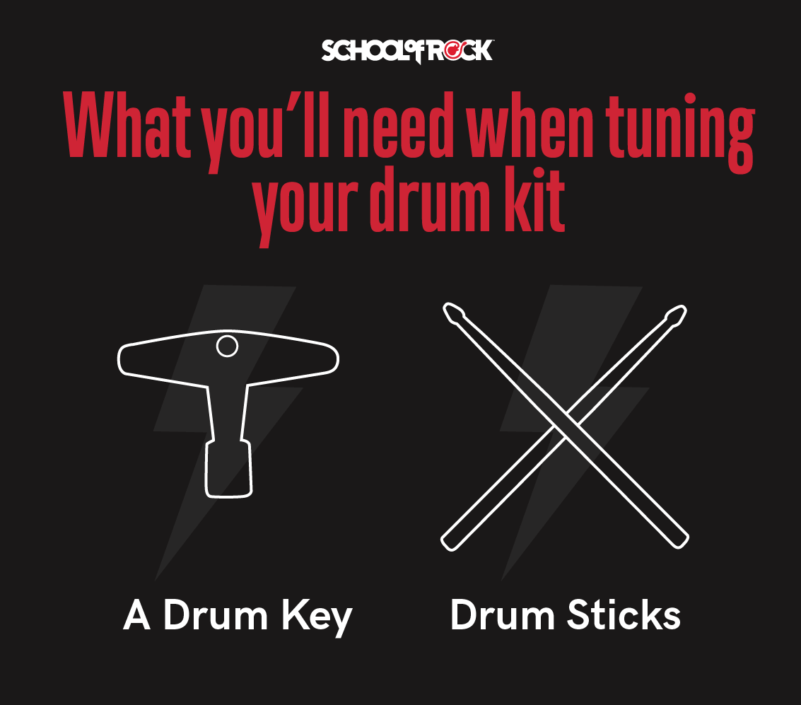 Tools you'll need for tuning your drum kit include a drum key and drum sticks.