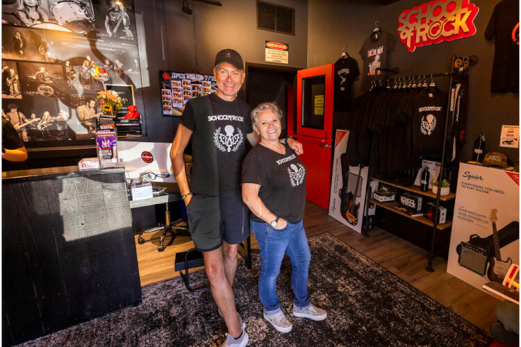The School of Rock owner Heather Riley with National Director of New School Operations Larry Wisowaty in the lobby of the San Rafael location, July 18, 2022. (John Burgess / The Press Democrat)