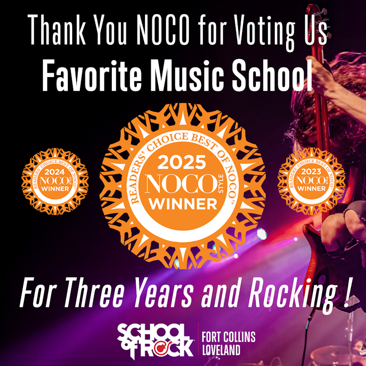 School of Rock Fort Collins and Loveland voted NOCO Style Favorite Music School 2025 Best of NOCO award graphic