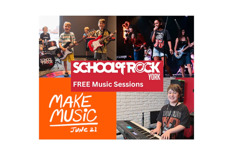 School of Rock York students play instruments in an ad for free music sessions on June 21st
