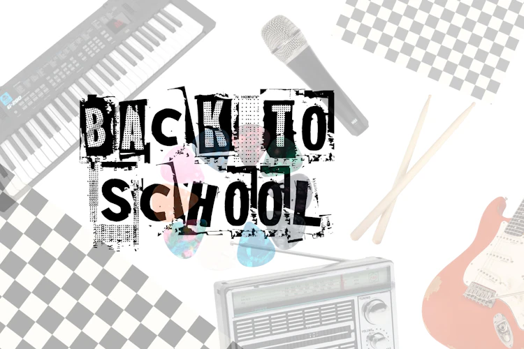 Collage mostrando instrumentos musicales de banda de rock para celebrar el regreso a clases de School of Rock Pedregal al sur de la Ciudad de México