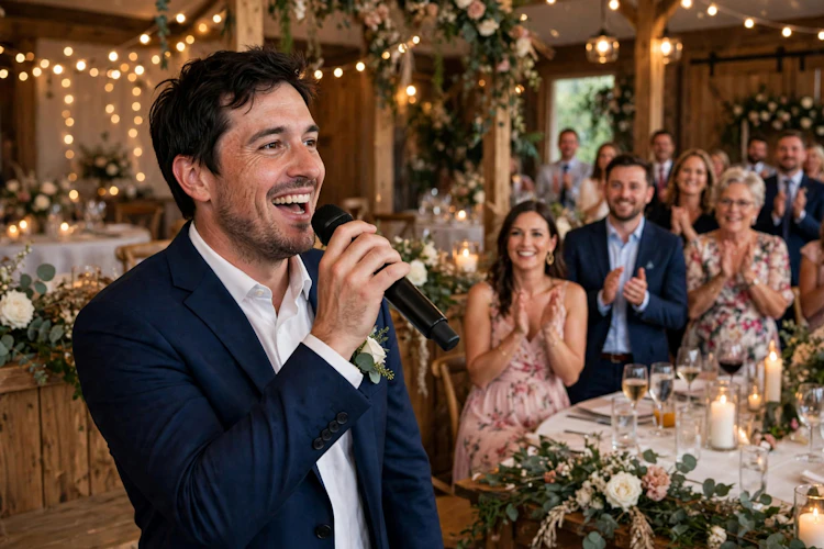 Hombre cantando en su boda a su nueva esposa con clases de canto de School of Rock Pedregal, la mejor escuela de música de la CDMX.