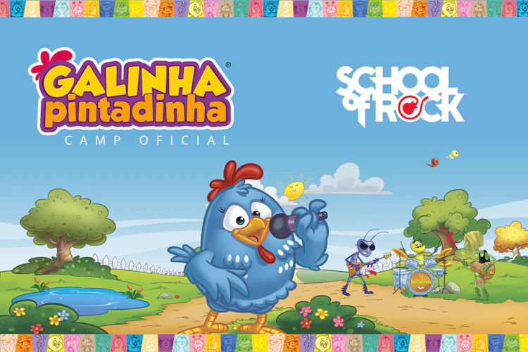 Banner do Curso de Férias da Galinha Pintadinha na School of Rock