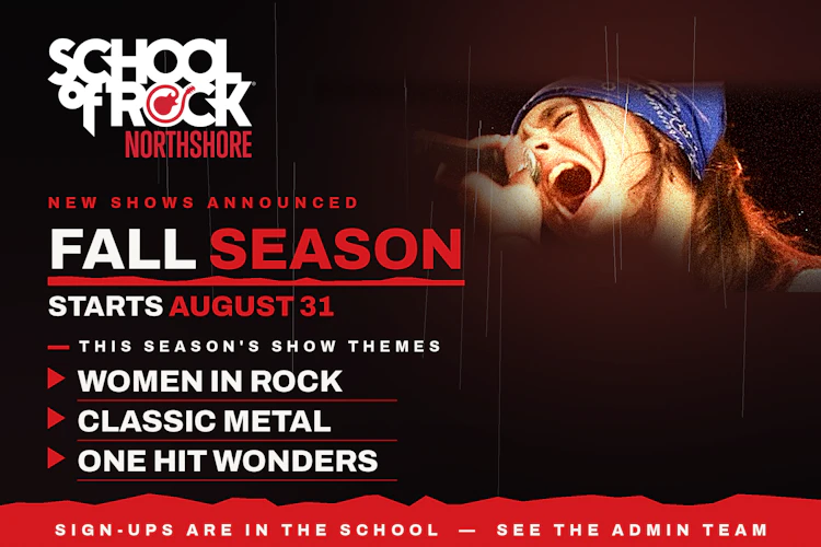 School of Rock Northshore student singing on stage — Fall Season shows announced, starting August 31.