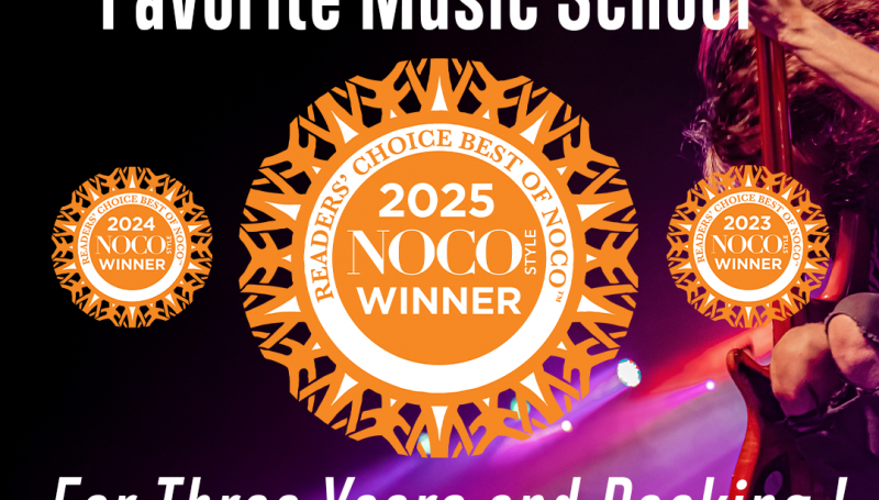 School of Rock Fort Collins and Loveland voted NOCO Style Favorite Music School 2025 Best of NOCO award graphic