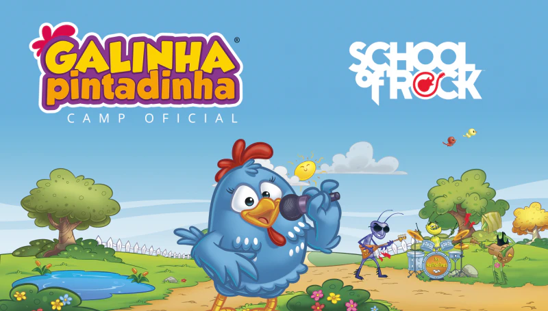 Banner do Curso de Férias da Galinha Pintadinha na School of Rock
