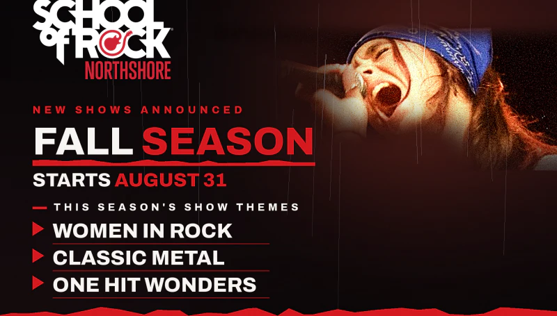 School of Rock Northshore student singing on stage — Fall Season shows announced, starting August 31.